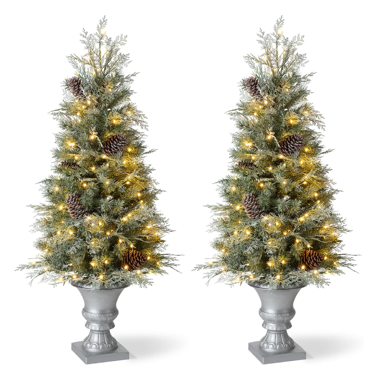 2 Pack 4ft. Pre-Lit Pine Artificial Christmas Porch Tree, Warm White LED Lights